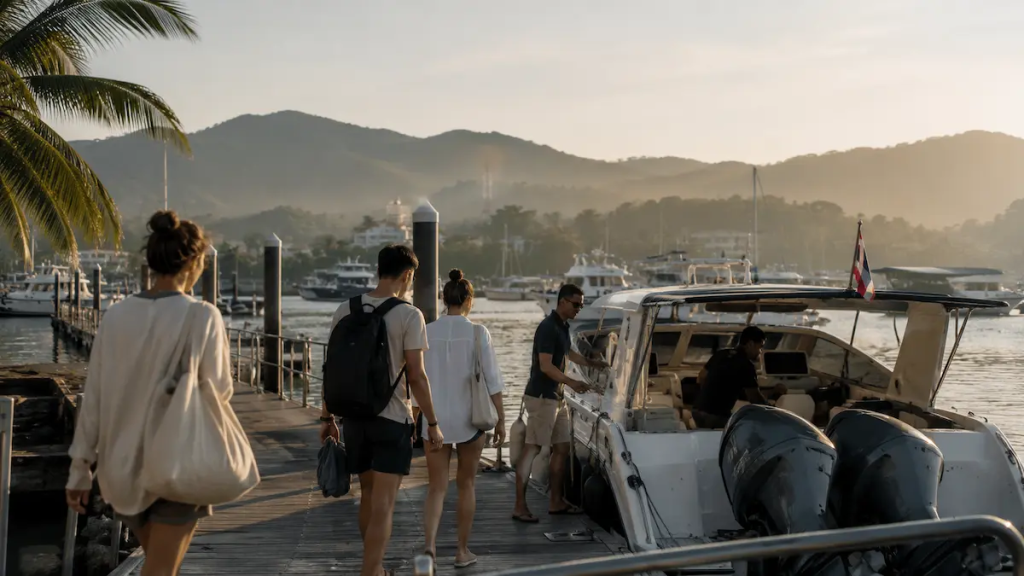 Travelers boarding a calm Phuket marina departure for a relaxed island tour experience with smoother pacing and reduced crowd pressure