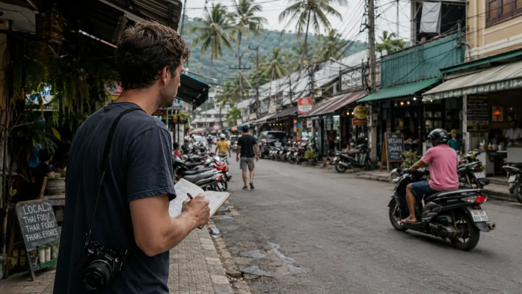 Travel publisher observing and documenting a Phuket street environment, representing contextual travel publishing and grounded destination understanding.
