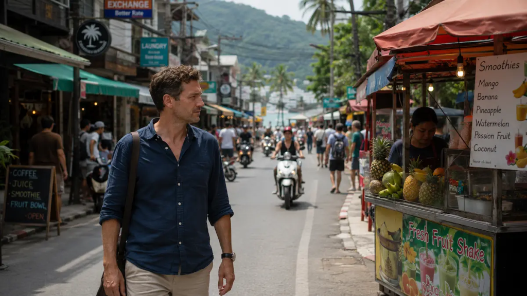 Travel publisher observing a real Phuket street environment representing contextual travel publishing and destination understanding