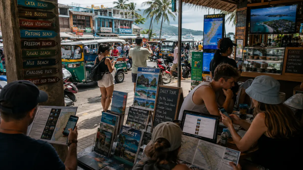 Travellers in Phuket surrounded by maps, phones, tour information, and digital travel research representing fragmented travel discovery and generic travel content overload.