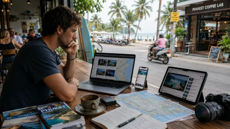 Traveller researching Phuket across multiple devices in a beachside café, representing generic travel content overload and modern destination discovery online.