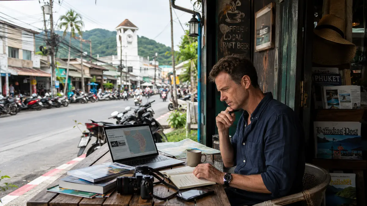 Travel publisher researching Phuket while analysing travel information and destination context in a real-world environment