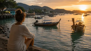 Traveler experiencing a reflective Phuket sunset moment for creator-style travel storytelling and destination discovery