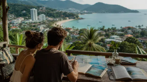 Travelers researching Phuket destination guides and planning experiences overlooking Patong Bay in Thailand