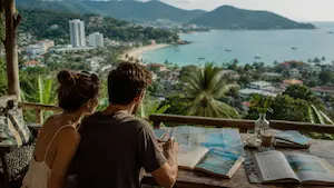 Travelers researching Phuket destination guides and planning experiences overlooking Patong Bay in Thailand