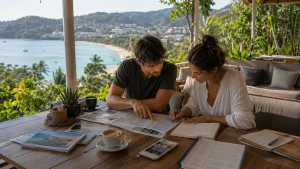 Travelers planning a Phuket itinerary and researching smoother travel experiences overlooking the coastline in Thailand