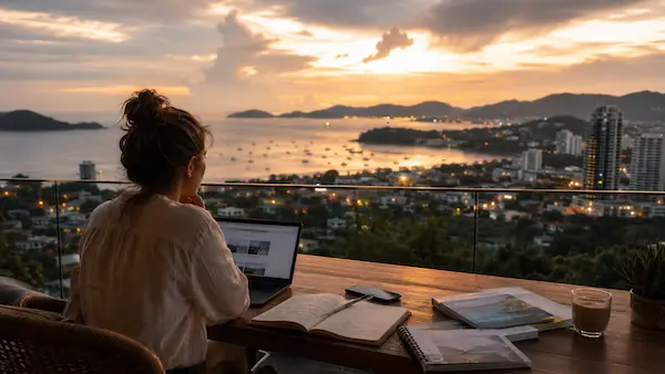 Travel publisher researching Phuket tourism visibility and modern travel discovery pathways overlooking Patong Bay