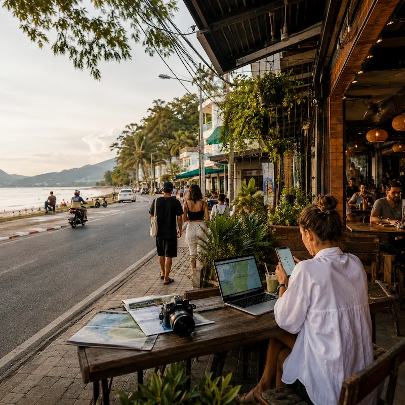 Travelers researching and exploring Phuket through modern travel publishing, destination discovery, and contextual travel experiences along a coastal beach road café scene.