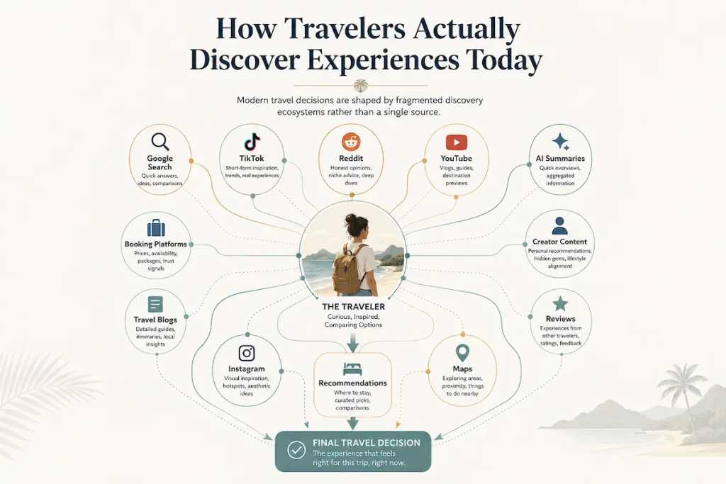 Infographic showing how travelers researching relaxed island tours Phuket use fragmented travel discovery sources before making decisions
