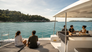 Relaxed phuket island tour with people enjoying a relaxing day on a catamaran