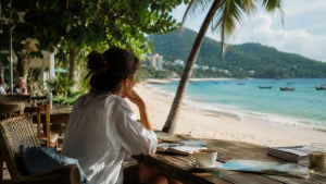 Traveler thoughtfully researching relaxed Phuket holiday experiences from a beachfront café in Thailand