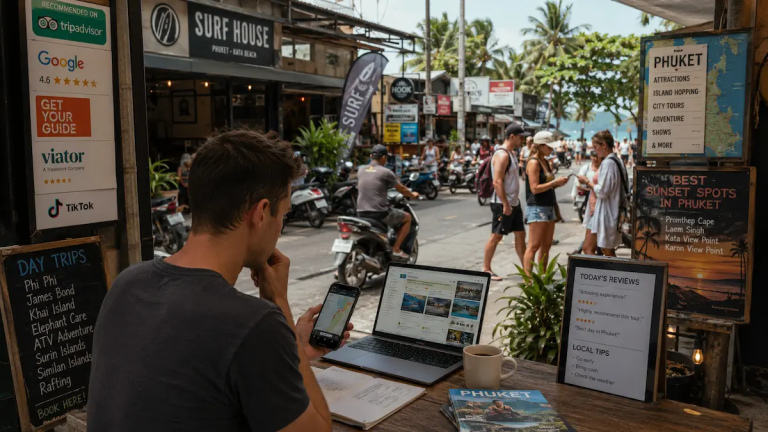 Traveller researching Phuket using maps, reviews, social platforms, and travel websites within modern travel discovery ecosystems