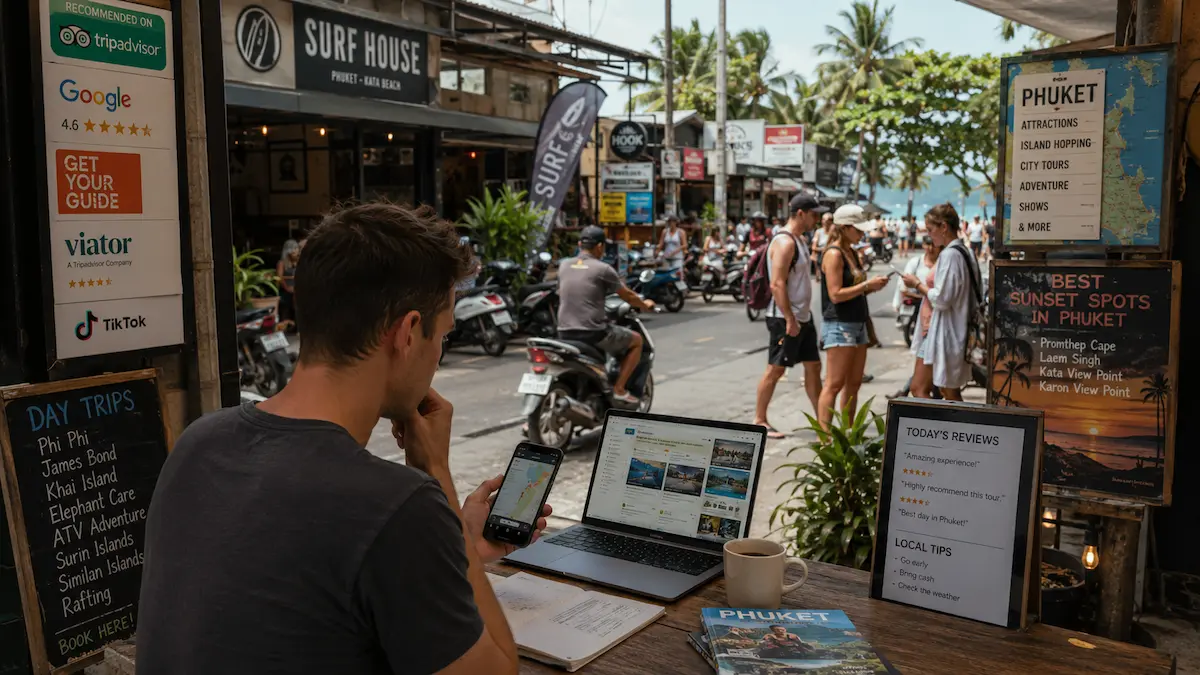 Traveller researching Phuket using maps, reviews, social platforms, and travel websites within modern travel discovery ecosystems