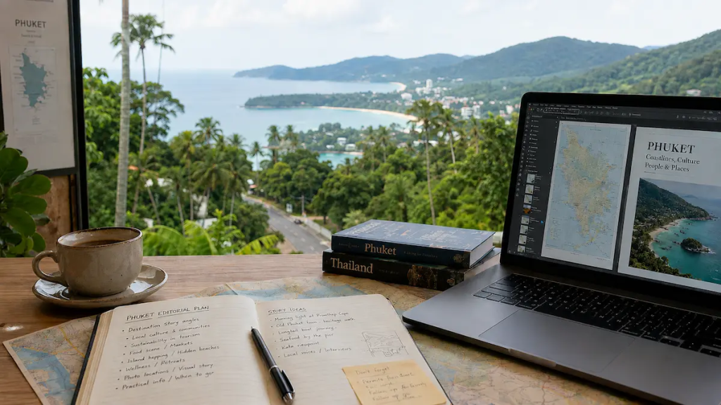 Editorial travel publishing workspace overlooking Phuket coastline with maps, notebook planning, and destination publishing tools for Travel With Insight brand.