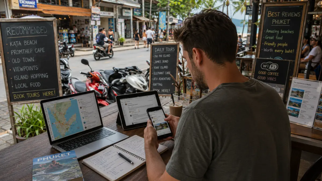 Traveller comparing maps, reviews, and travel recommendations across multiple platforms while researching Phuket