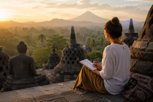 Girl quietly relaxing and immersing in culture for travel with insight home page enrichment category