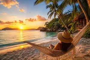 Travel With Insight Home Page Escape image that shows a woman relaxing at a South Est Asia destination