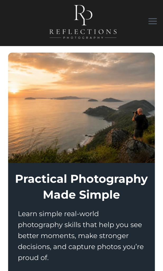 Screenshot Reflections Photography Home Screen for Travel With Insight Banner