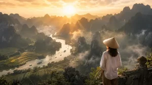 Image of woman overlooking a valley at sunset to show the Vietnam Travel With Insight home page