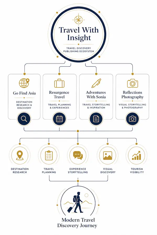 Travel With Insight ecosystem infographic showing Go Find Asia, Resurgence Travel, Adventures With Sonia, and Reflections Photography supporting destination research, travel planning, storytelling, visual discovery, and tourism visibility.