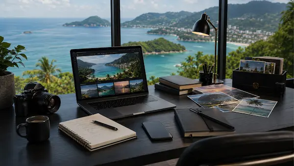 Travel publishing workspace overlooking Phuket coastline showing destination research, travel content creation, and digital travel publications to learn about Travel With Insight.