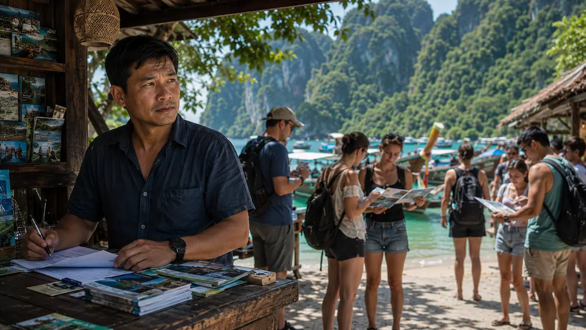 Travel business owner observing travellers researching and comparing travel experiences before making booking decisions and wondering why he is experiencing booking delays.