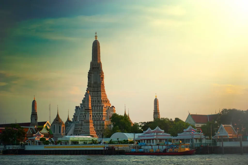 Wat Arun on the banks of the Chao Phraya River in Bangkok, one of Central Thailand's most iconic landmarks and a highlight of the region.