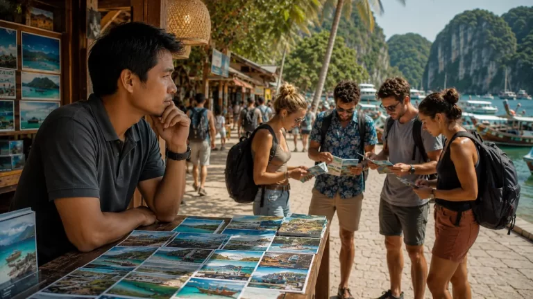 Travel business owner observing travellers compare competing travel experiences before making a booking decision, illustrating why travellers choose my competitors during the research process.