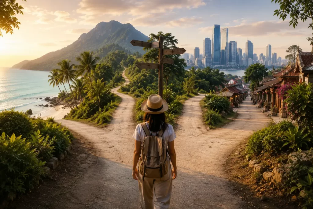 Traveller standing at a fork in the road with paths leading towards beach, mountain, city and cultural environments while considering which Southeast Asian destination best matches their travel goals.