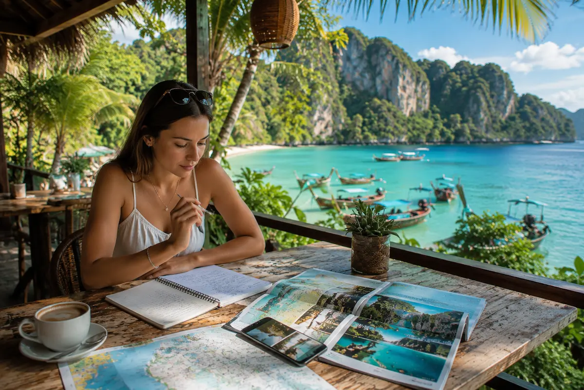 Traveller researching a tropical destination using travel content during the travel planning process before making booking decisions