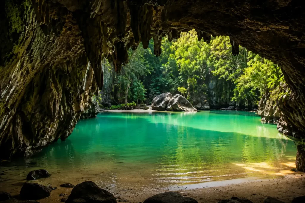Emerald Cave (Tham Morakot) in Trang, one of the must-see attractions in Southern Thailand, featuring a hidden lagoon surrounded by limestone cliffs.