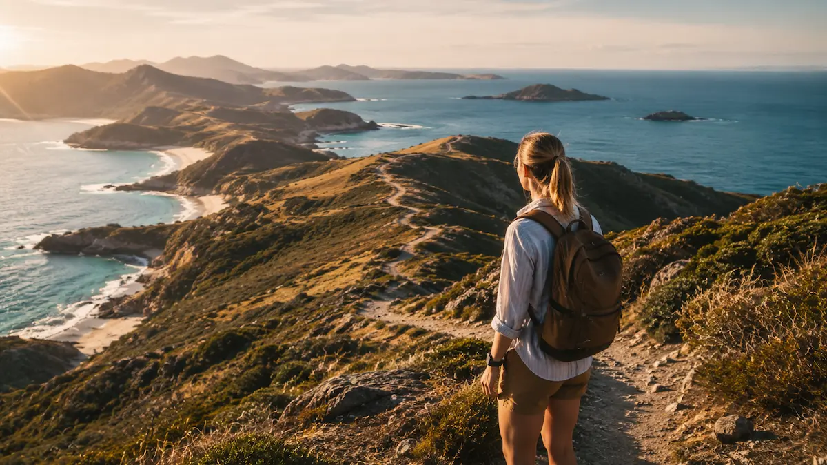 Traveller looking back along a winding coastal path representing how travel discovery has changed over time through evolving sources of travel information and decision making.