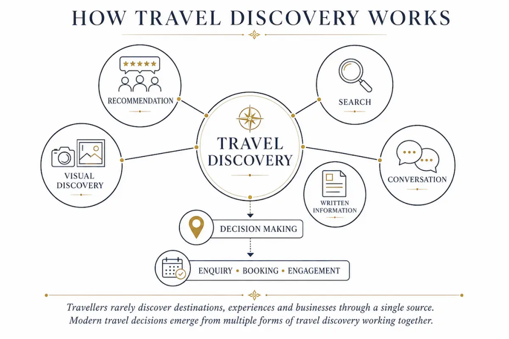 Infographic showing how travel  business discovery occurs through recommendations, visual discovery, search, written information and conversation before leading to decision making, enquiries, bookings and engagement.