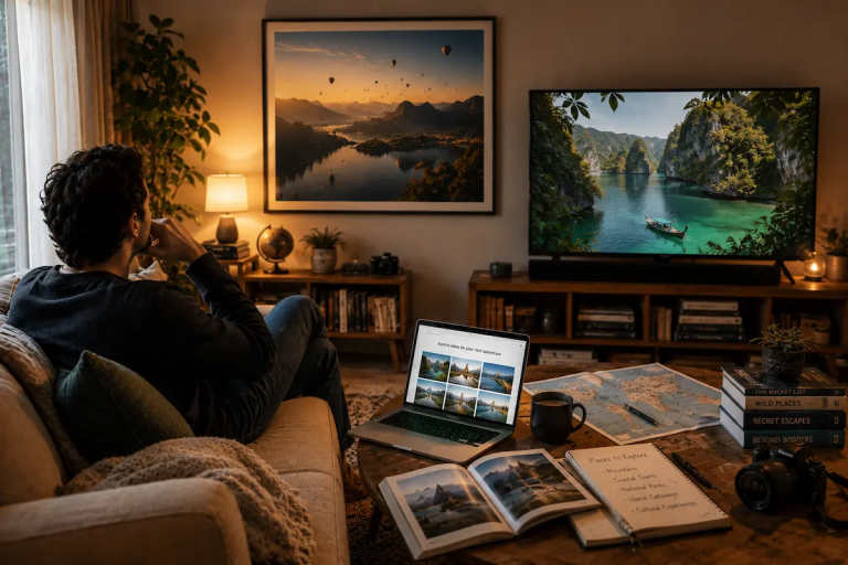 Traveller exploring travel inspiration from photographs, destinations, and experiences before choosing a destination, representing the Travel With Insight approach to travel discovery.