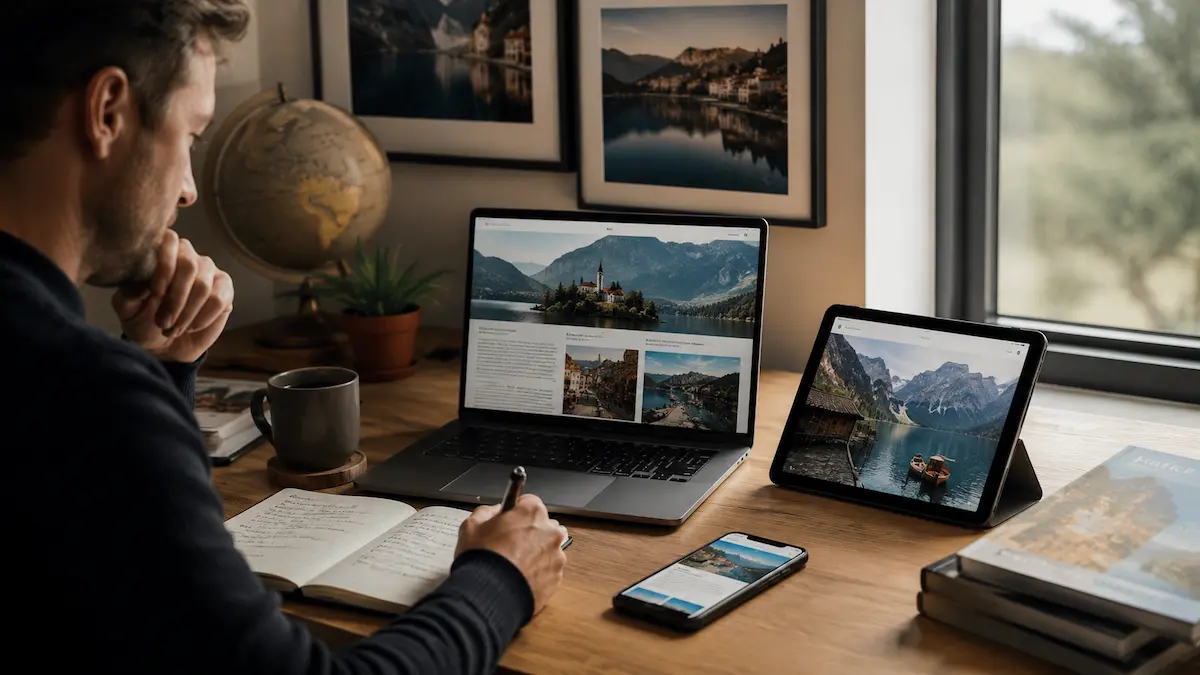 Traveller researching destinations across multiple devices in a modern workspace, illustrating modern travel publishing, travel discovery, and digital travel research.