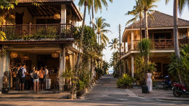 Travellers choosing between two guesthouses, illustrating how more guesthouse bookings are influenced by visibility, trust and traveller decision-making.