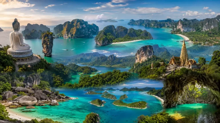 Composite landscape showcasing the must-see attractions in Southern Thailand, including the Big Buddha, Phang Nga Bay, Maya Bay, Cheow Lan Lake, Similan Islands and Emerald Cave.
