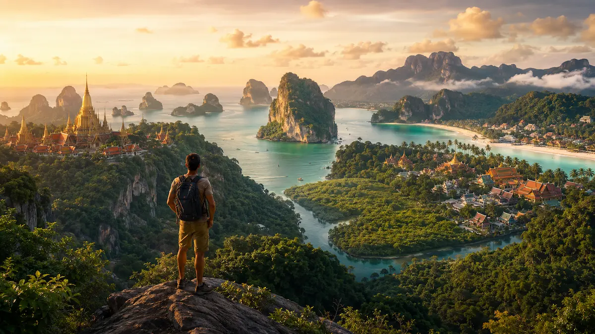 Must see attractions Thailand featuring temples, tropical islands, limestone cliffs, rainforest and iconic landscapes across the country.