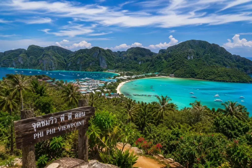 View from Phi Phi Viewpoint overlooking the twin bays of Phi Phi Don, one of the must-see attractions in Southern Thailand.