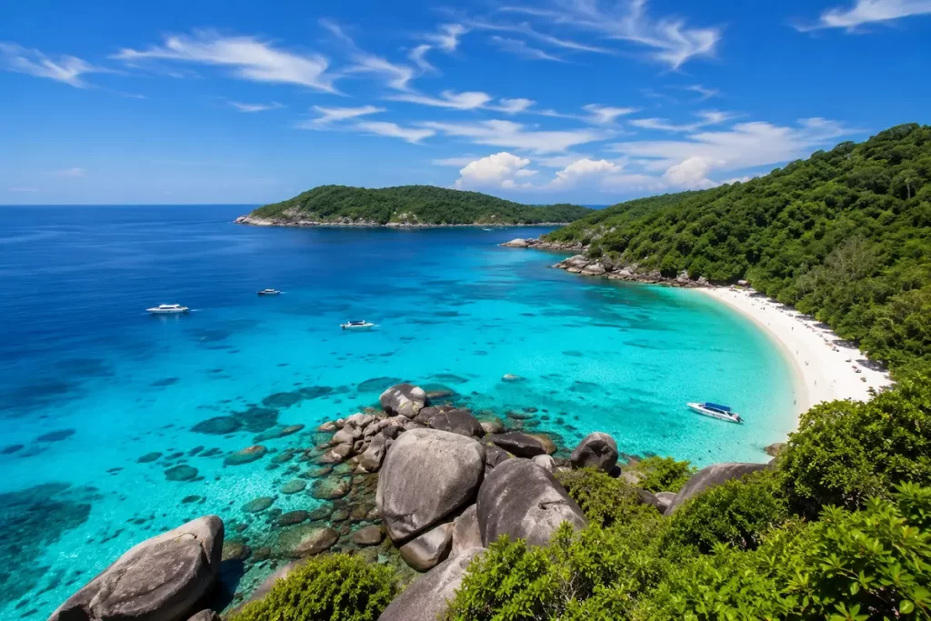 View of the Similan Islands near Khao Lak, one of the must-see attractions in Southern Thailand, with turquoise water, white-sand beach and granite boulders.