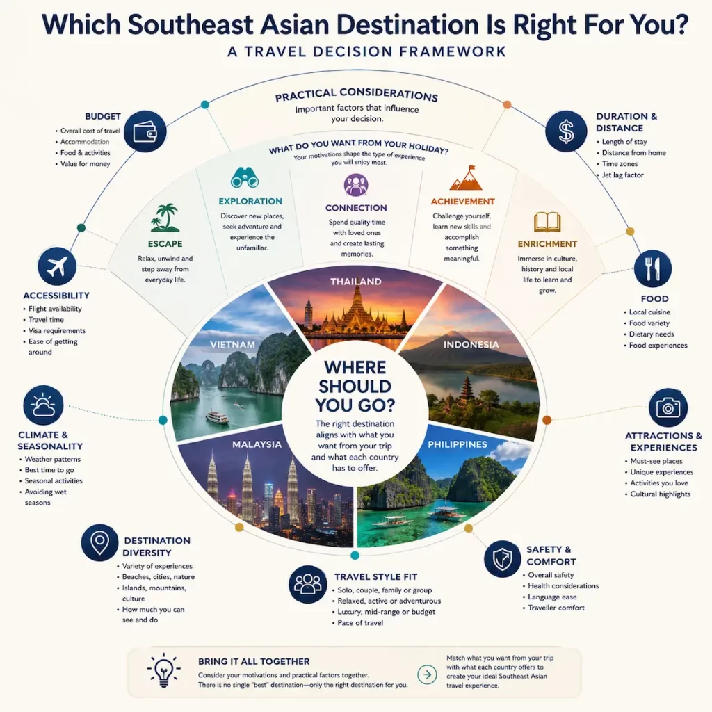 Southeast Asian destination decision framework showing travel motivations and practical considerations that help travellers choose between Thailand, Vietnam, Indonesia, Malaysia and the Philippines.