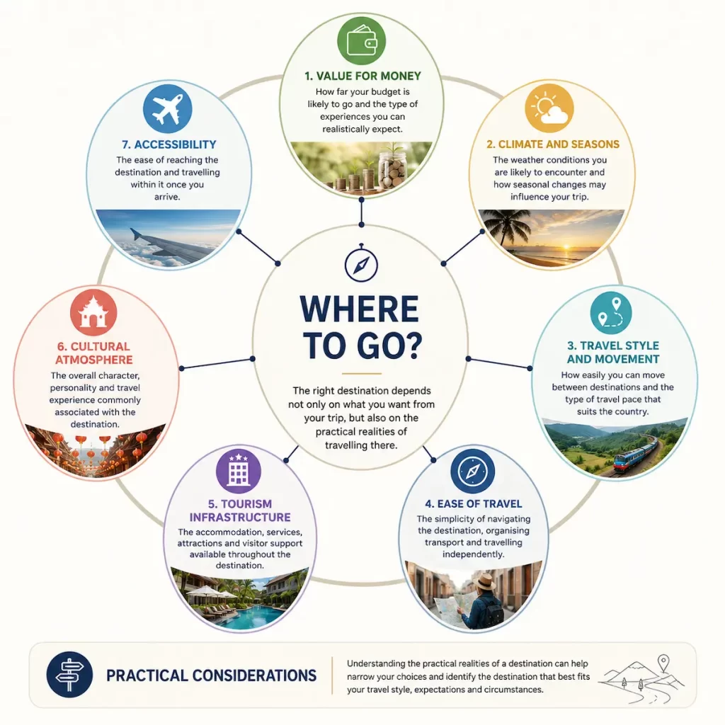 Practical considerations framework for choosing a Southeast Asian destination based on value for money, climate, travel style, ease of travel, tourism infrastructure, cultural atmosphere and accessibility.