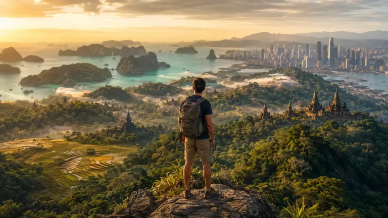 Traveller overlooking a diverse Southeast Asian landscape featuring tropical islands, mountains, rice terraces, temples and a modern city while choosing the right Southeast Asian destination.