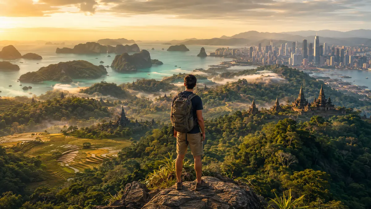 Traveller overlooking a diverse Southeast Asian landscape featuring tropical islands, mountains, rice terraces, temples and a modern city while choosing the right Southeast Asian destination.