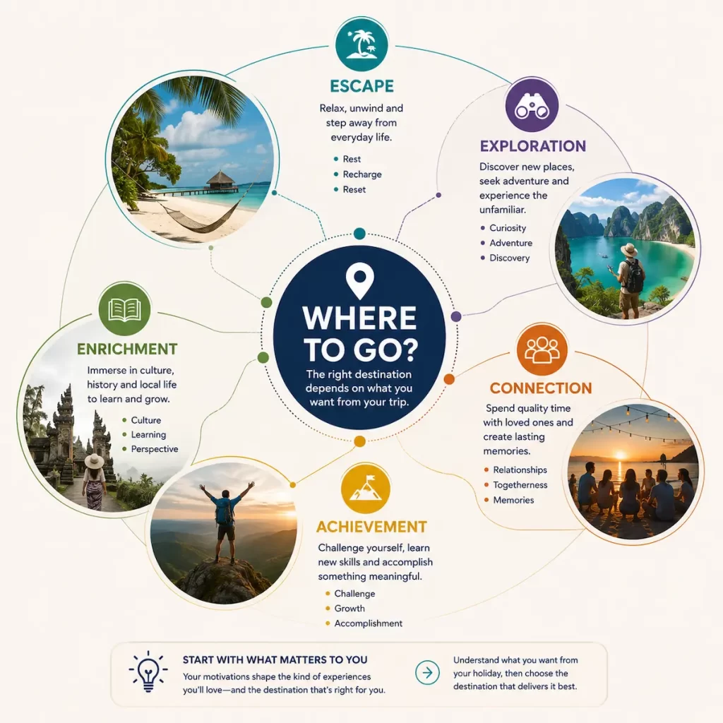 Travel motivations framework for choosing a Southeast Asian destination based on escape, exploration, connection, achievement and enrichment travel goals.