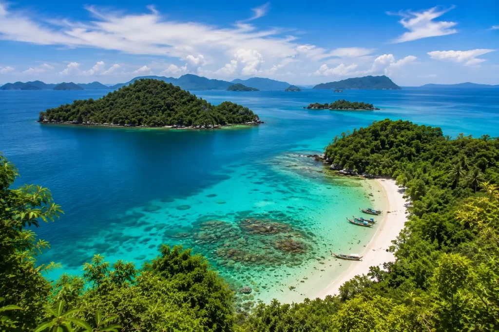 View of Tarutao National Marine Park, one of the must-see attractions in Southern Thailand, featuring tropical islands, turquoise water and secluded beaches.