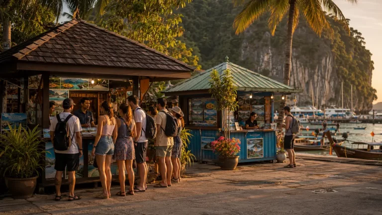 Travellers comparing Phuket tour operators at an island tour departure area, illustrating how tour company enquiries are influenced by visibility, trust and traveller consideration.