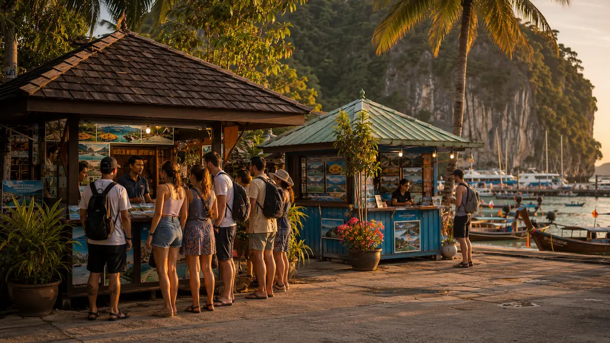 Travellers comparing Phuket tour operators at an island tour departure area, illustrating how tour company enquiries are influenced by visibility, trust and traveller consideration.
