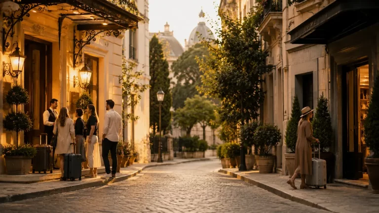 Travellers choosing between two boutique hotels, illustrating how travel business bookings are influenced by visibility, trust and traveller decision-making.