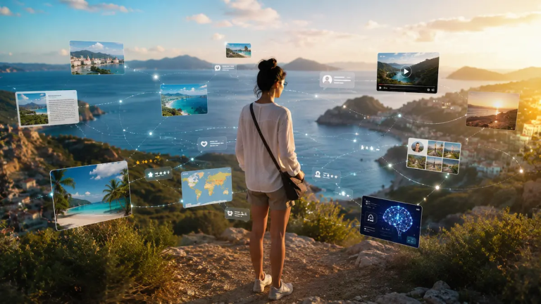 Traveller navigating multiple connected travel information sources within a modern travel discovery ecosystem